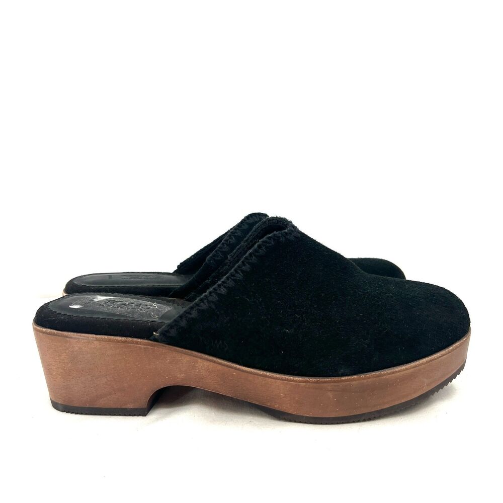 TOMS Black Suede Clog Mules Wood Platform Slip-On Womens Size 8.5 US